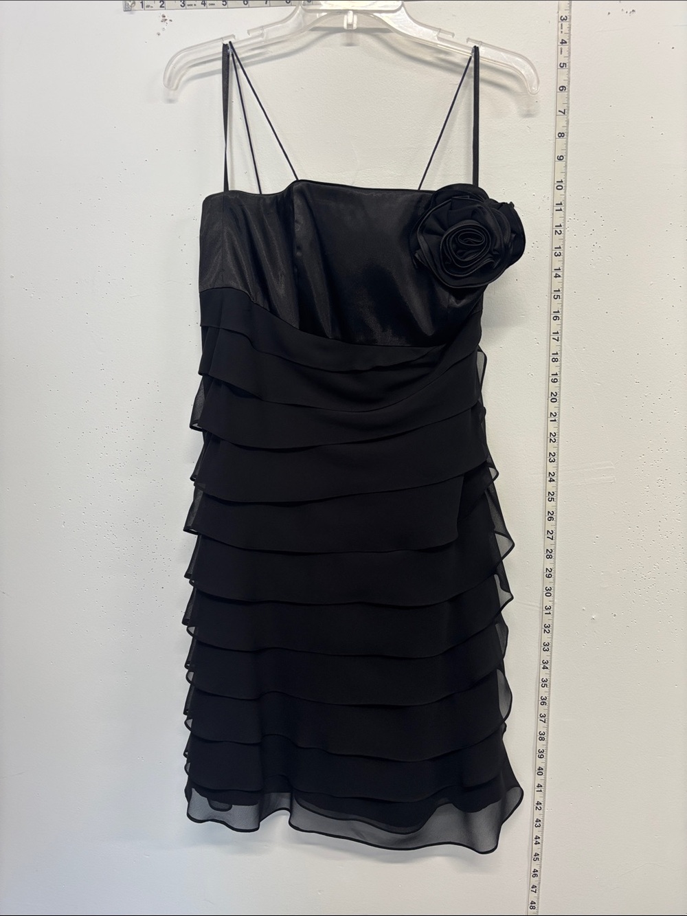 Black Tiered Chiffon Spaghetti Strap Dress with Rosette